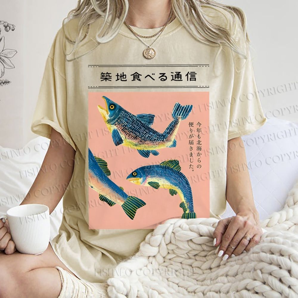 Unisex Tsukiji Market Fish Printed Washed Tee
