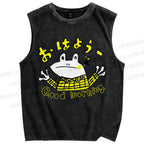 Unisex Good Morning Frog Printed Washed Tank Top