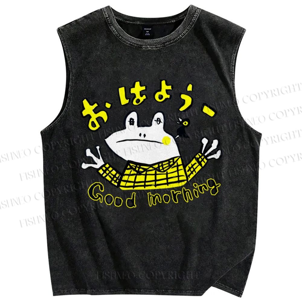 Unisex Good Morning Frog Printed Washed Tank Top
