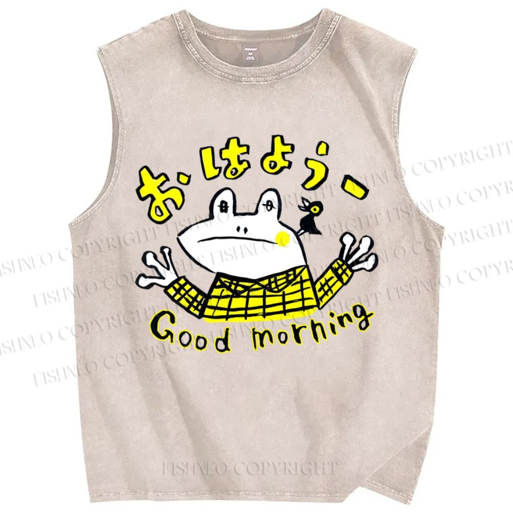 Unisex Good Morning Frog Printed Washed Tank Top