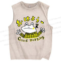 Unisex Good Morning Frog Printed Washed Tank Top