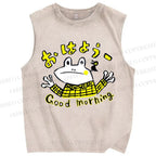 Unisex Good Morning Frog Printed Washed Tank Top