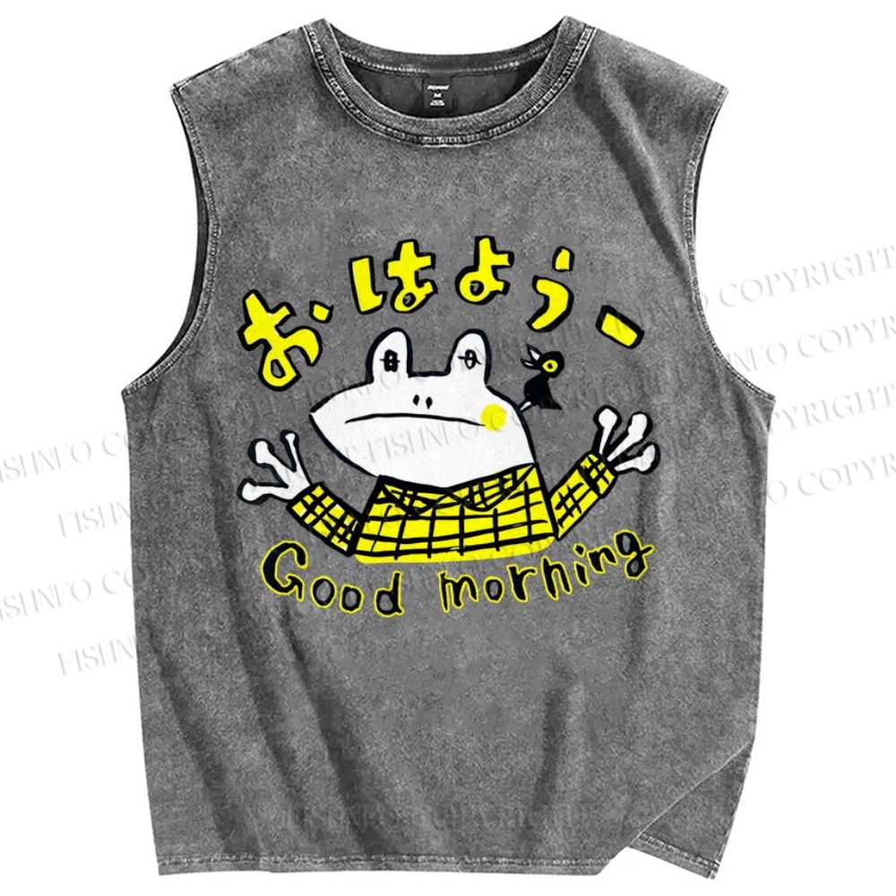 Unisex Good Morning Frog Printed Washed Tank Top