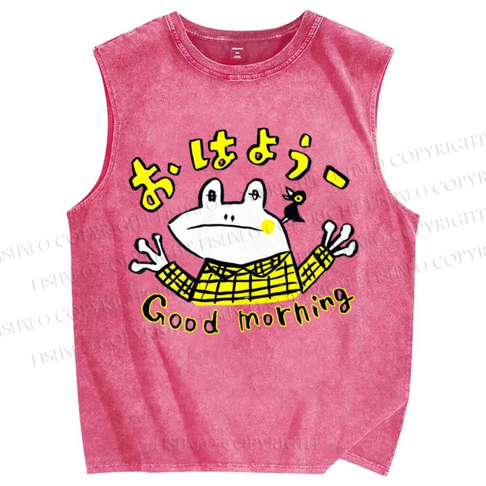 Unisex Good Morning Frog Printed Washed Tank Top