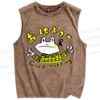 Unisex Good Morning Frog Printed Washed Tank Top