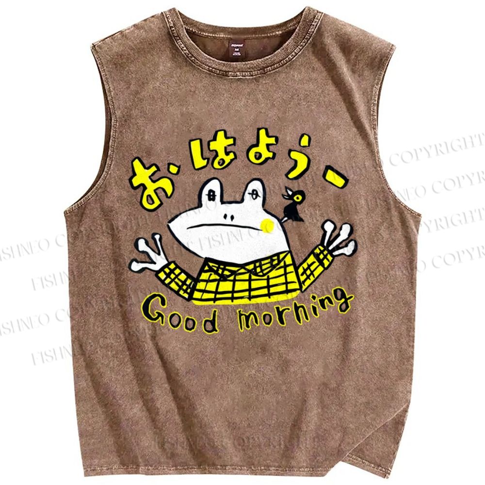 Unisex Good Morning Frog Printed Washed Tank Top