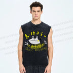 Unisex Good Morning Frog Printed Washed Tank Top