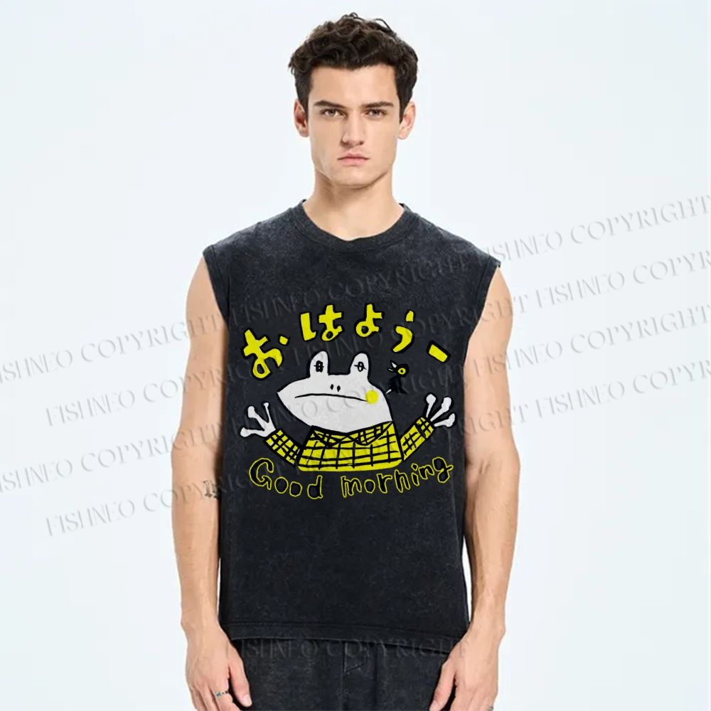 Unisex Good Morning Frog Printed Washed Tank Top