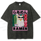 Unisex Ramen Cartoon Cat Printed Washed Tee