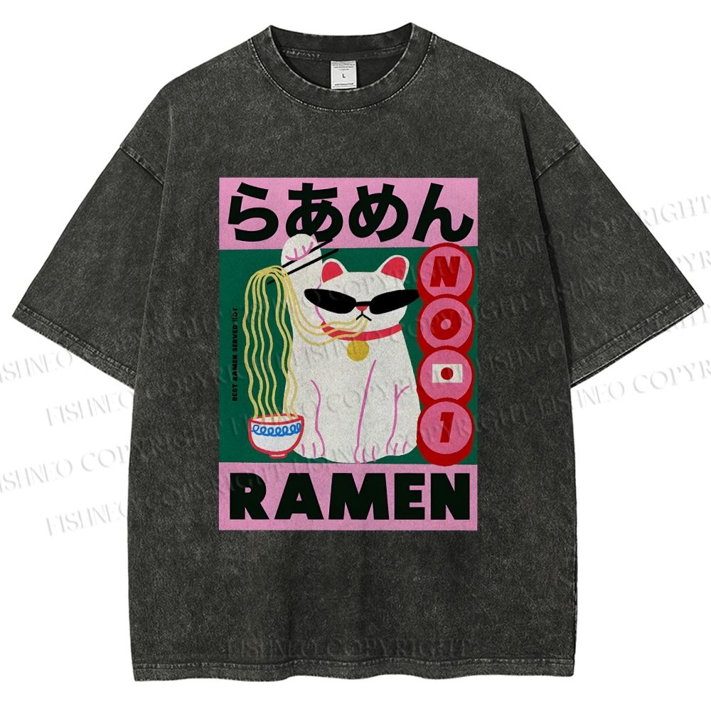Unisex Ramen Cartoon Cat Printed Washed Tee