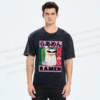 Unisex Ramen Cartoon Cat Printed Washed Tee