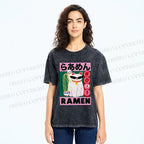 Unisex Ramen Cartoon Cat Printed Washed Tee