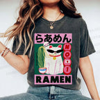 Unisex Ramen Cartoon Cat Printed Washed Tee