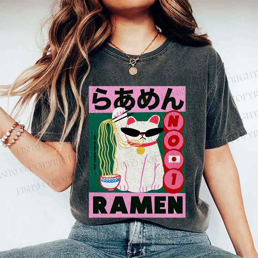 Unisex Ramen Cartoon Cat Printed Washed Tee