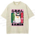 Unisex Ramen Cartoon Cat Printed Washed Tee