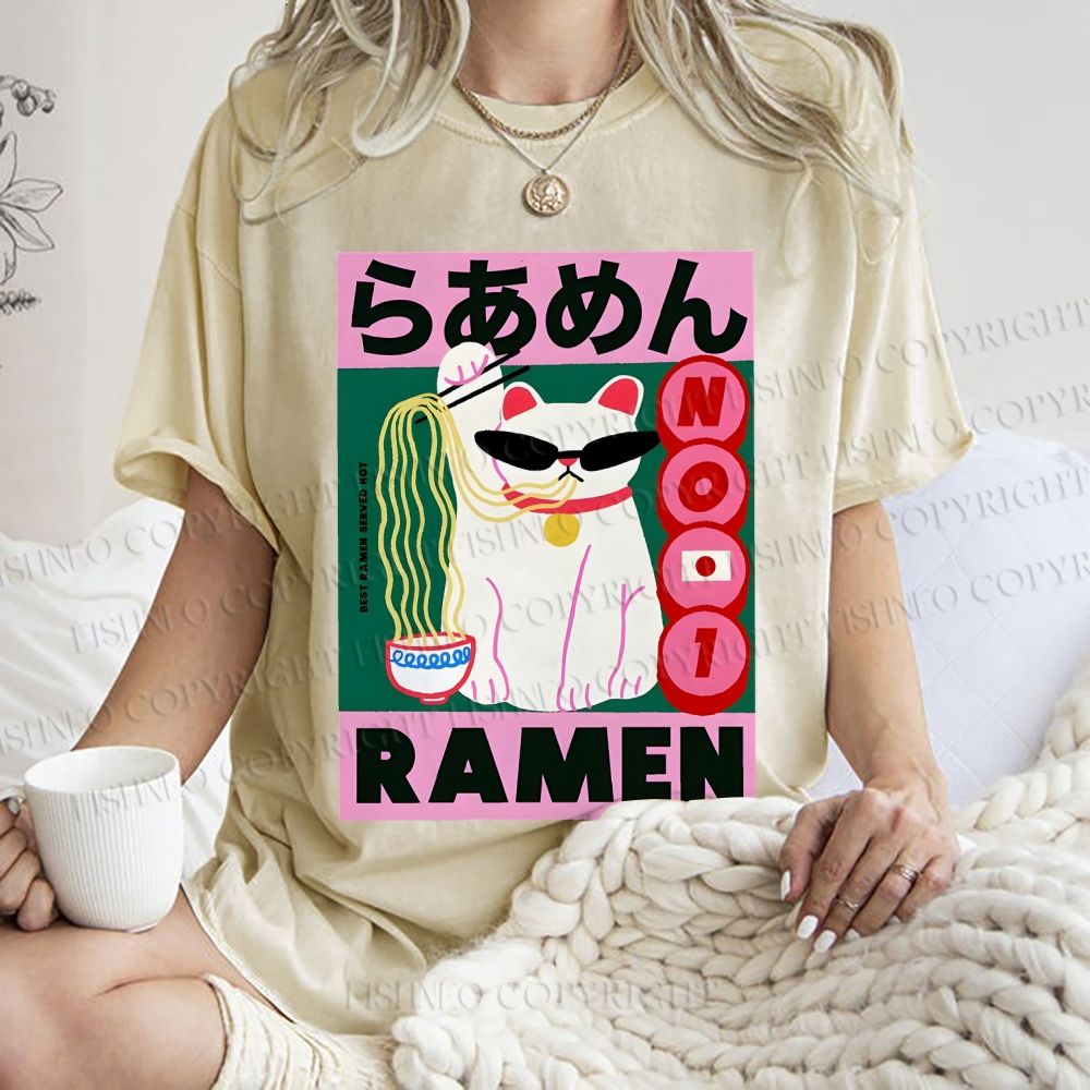 Unisex Ramen Cartoon Cat Printed Washed Tee