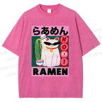 Unisex Ramen Cartoon Cat Printed Washed Tee