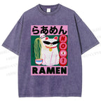Unisex Ramen Cartoon Cat Printed Washed Tee