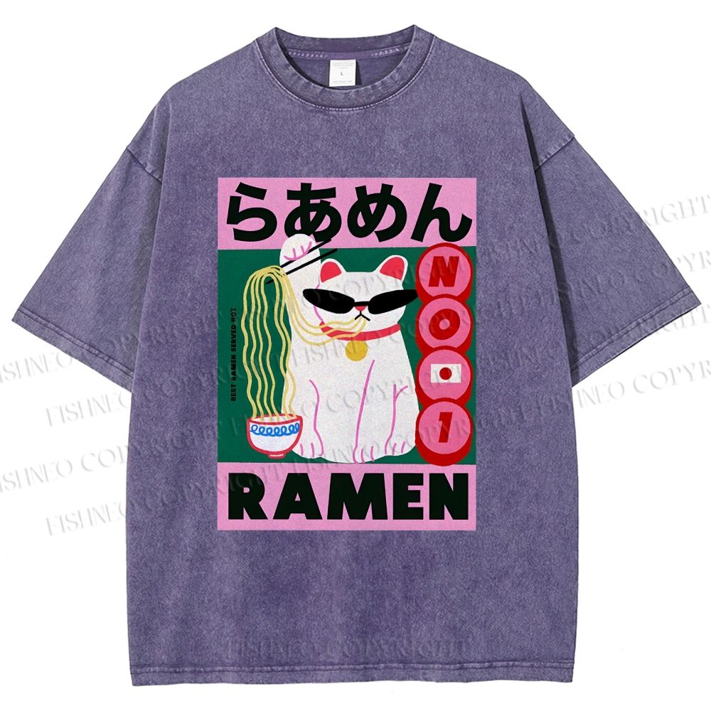 Unisex Ramen Cartoon Cat Printed Washed Tee