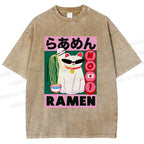 Unisex Ramen Cartoon Cat Printed Washed Tee
