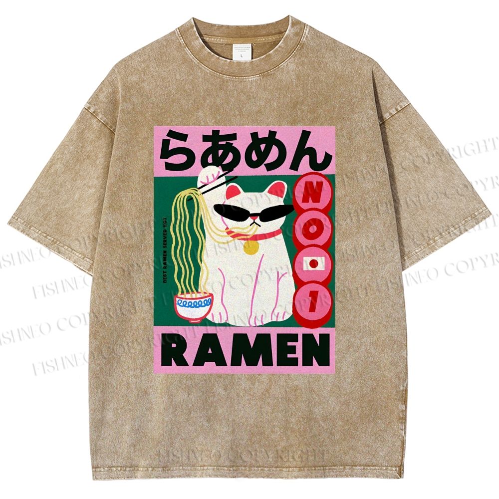 Unisex Ramen Cartoon Cat Printed Washed Tee