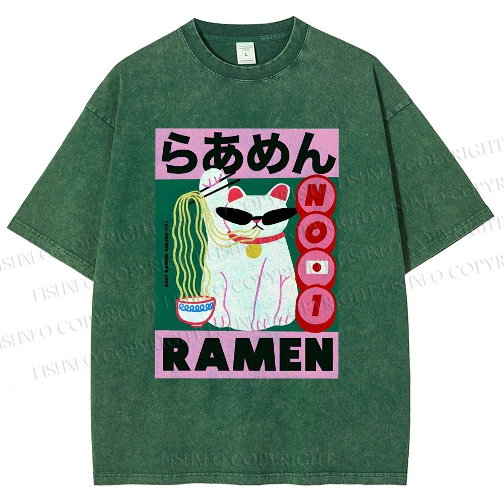 Unisex Ramen Cartoon Cat Printed Washed Tee