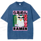 Unisex Ramen Cartoon Cat Printed Washed Tee