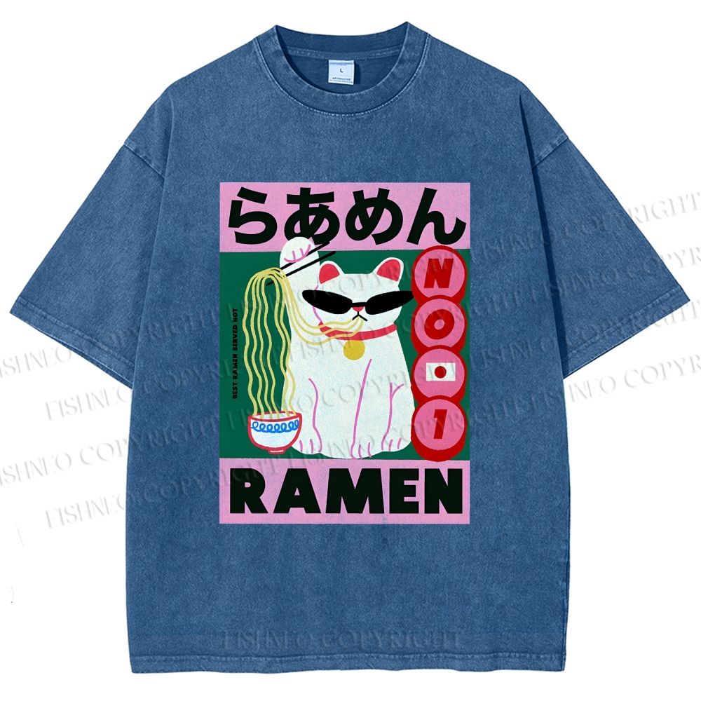 Unisex Ramen Cartoon Cat Printed Washed Tee