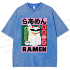 Unisex Ramen Cartoon Cat Printed Washed Tee