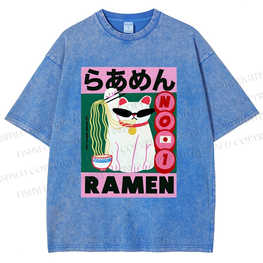 Unisex Ramen Cartoon Cat Printed Washed Tee