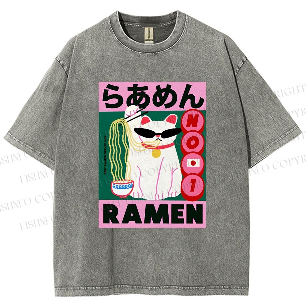 Unisex Ramen Cartoon Cat Printed Washed Tee