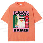 Unisex Ramen Cartoon Cat Printed Washed Tee