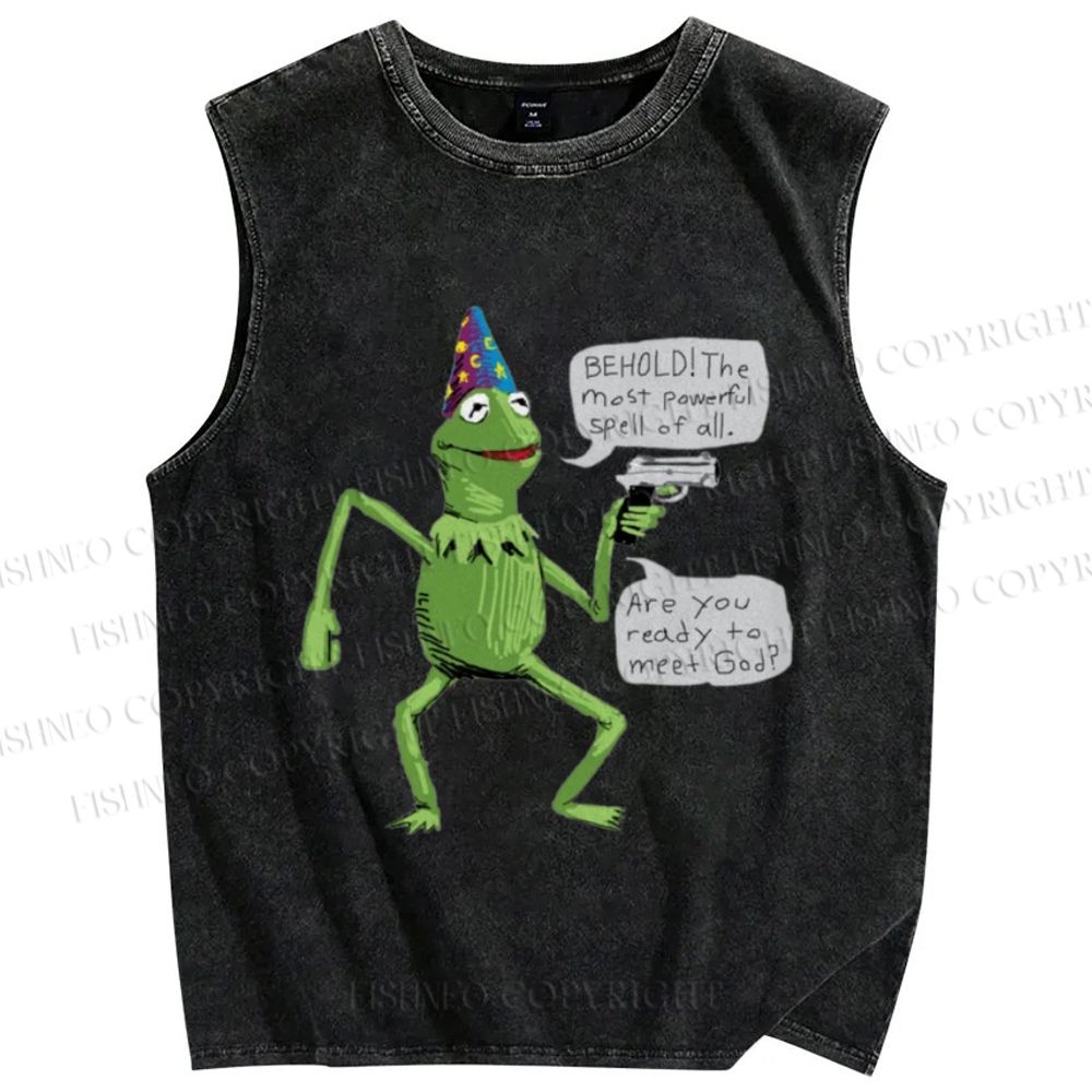 Unisex Wizard Kermit  Frog Printed Washed Tank Top