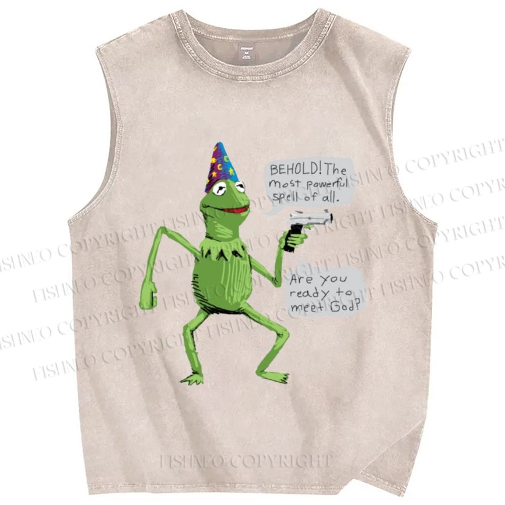 Unisex Wizard Kermit  Frog Printed Washed Tank Top