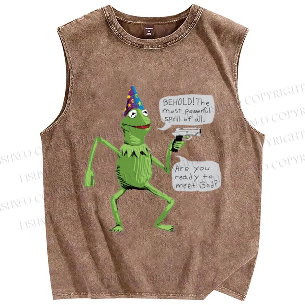 Unisex Wizard Kermit  Frog Printed Washed Tank Top