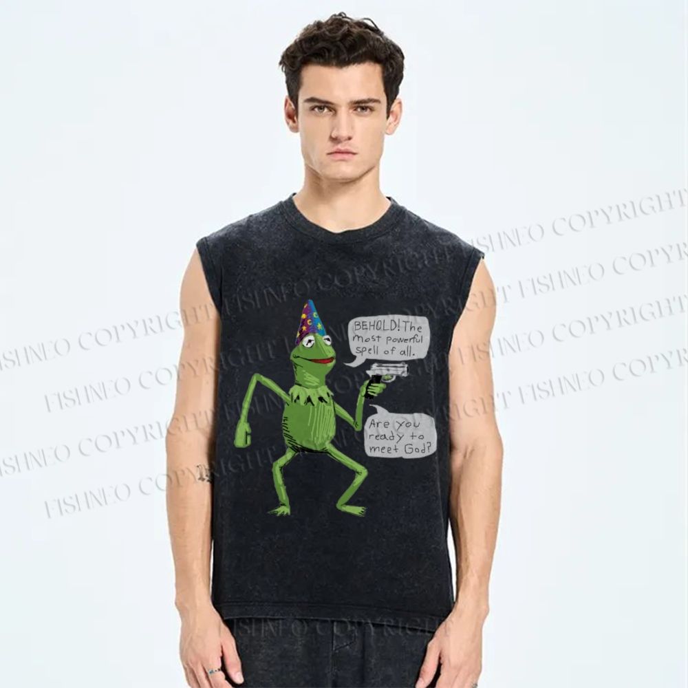 Unisex Wizard Kermit  Frog Printed Washed Tank Top