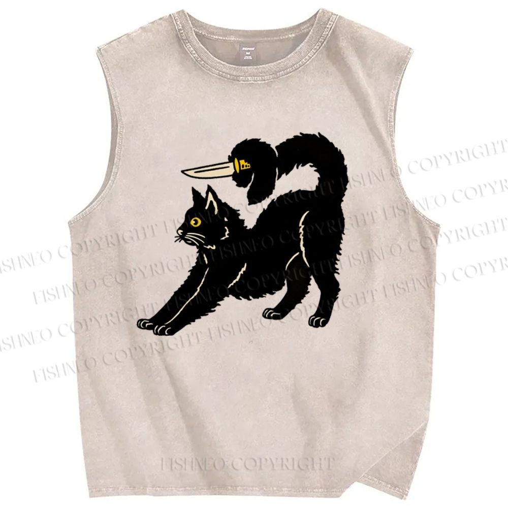 Unisex Art Cat Printed Washed Tank Top