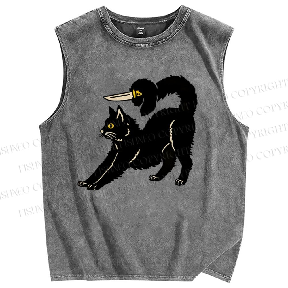 Unisex Art Cat Printed Washed Tank Top
