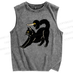 Unisex Art Cat Printed Washed Tank Top