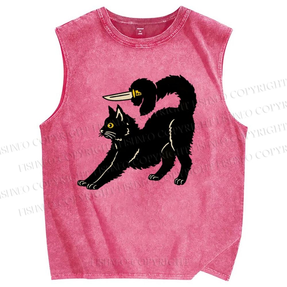 Unisex Art Cat Printed Washed Tank Top