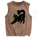 Unisex Art Cat Printed Washed Tank Top