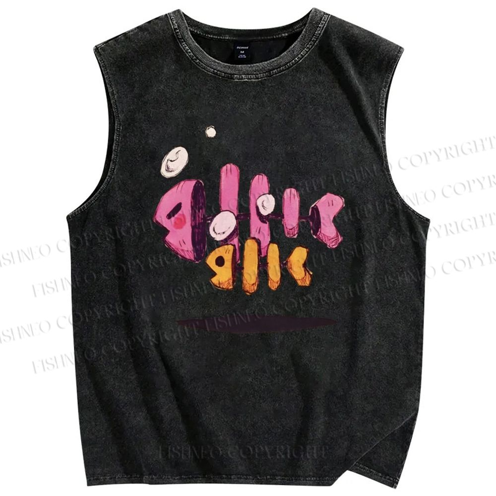 Unisex Cartoon Art Fishbone Printed Washed Tank Top