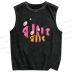 Unisex Cartoon Art Fishbone Printed Washed Tank Top
