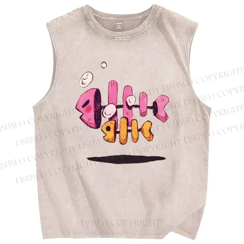 Unisex Cartoon Art Fishbone Printed Washed Tank Top