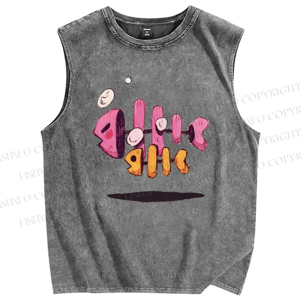 Unisex Cartoon Art Fishbone Printed Washed Tank Top