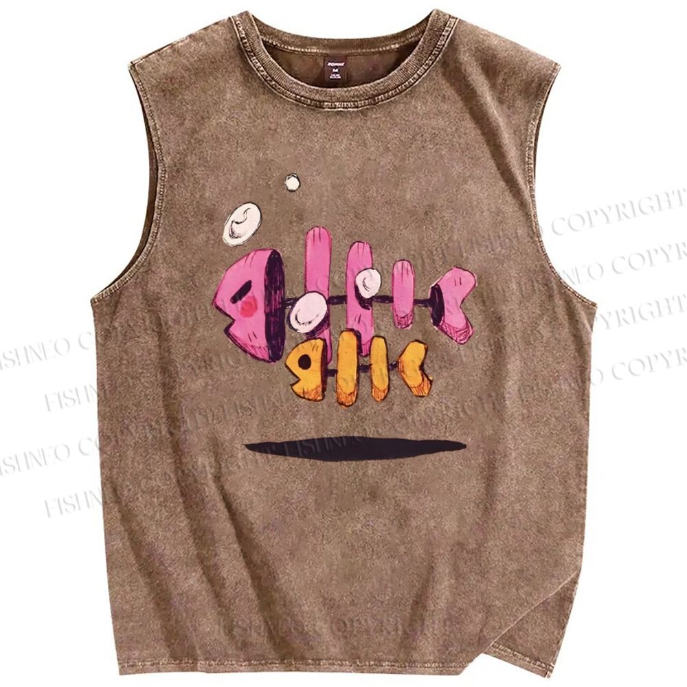 Unisex Cartoon Art Fishbone Printed Washed Tank Top