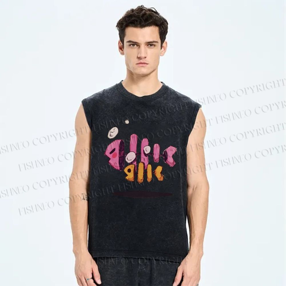 Unisex Cartoon Art Fishbone Printed Washed Tank Top