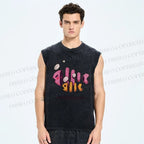 Unisex Cartoon Art Fishbone Printed Washed Tank Top
