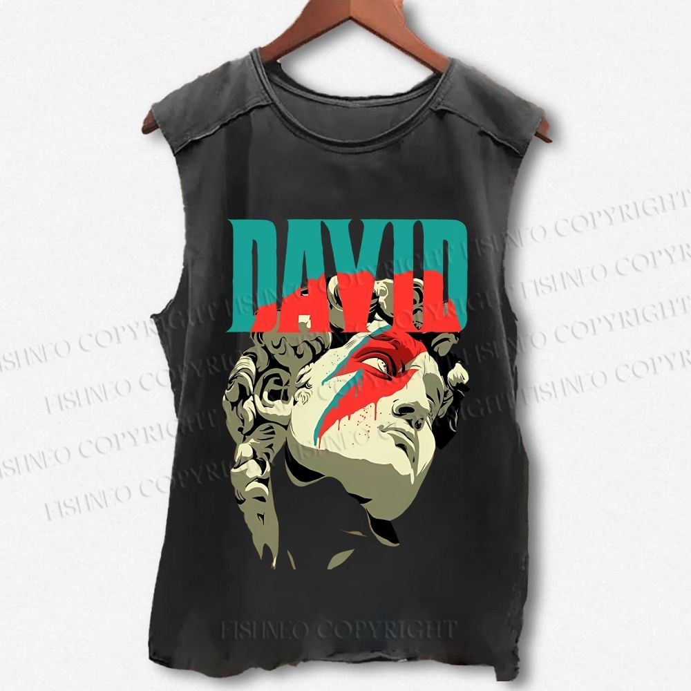 Unisex Plaster Statue David Bowie Printed Washed Tank Top
