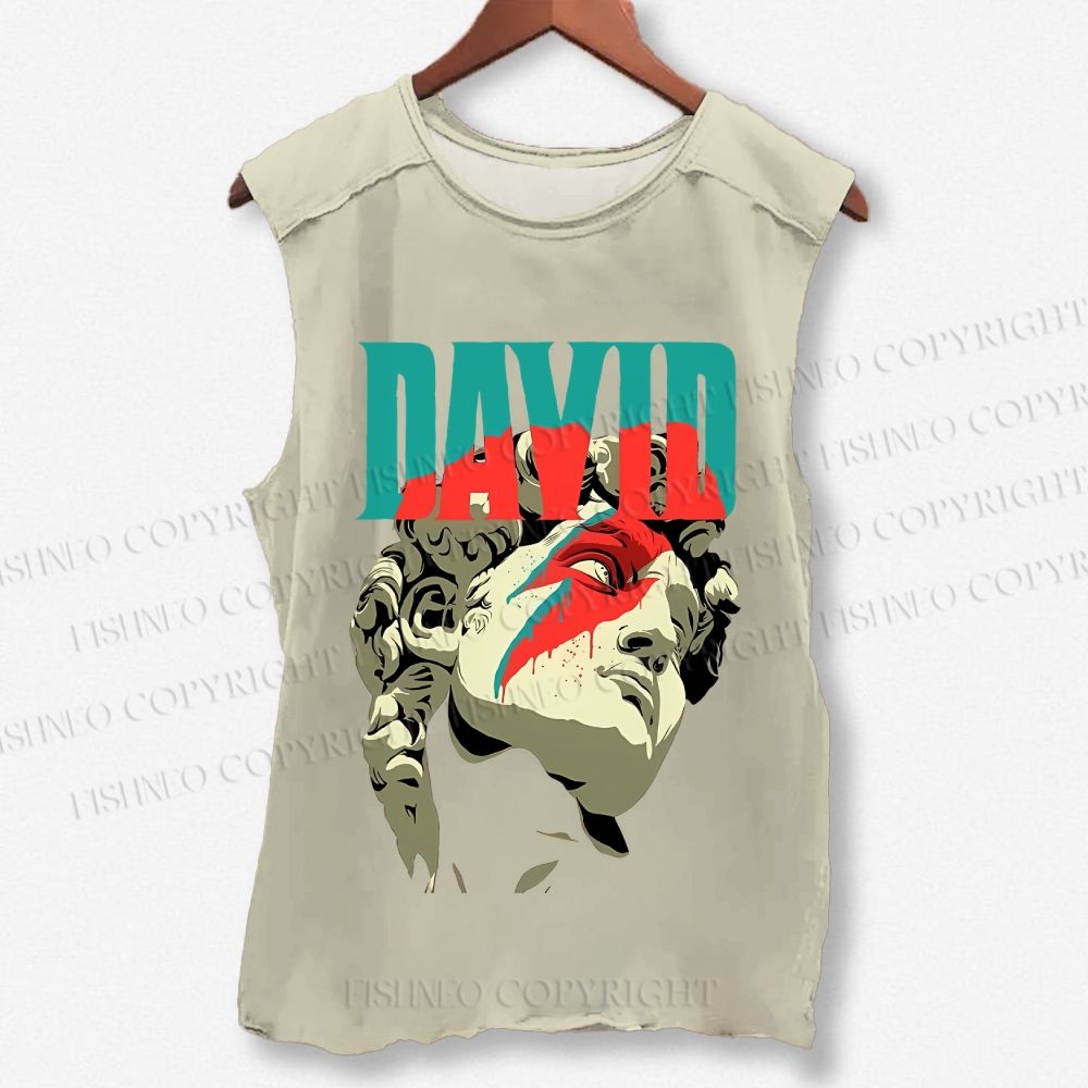 Unisex Plaster Statue David Bowie Printed Washed Tank Top